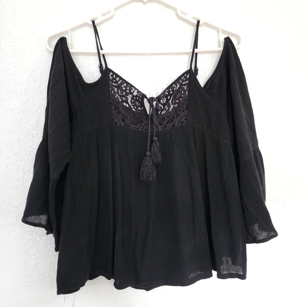 Ashley Mason Size XS Black lace tassel tie open shoulder wide sleeves
